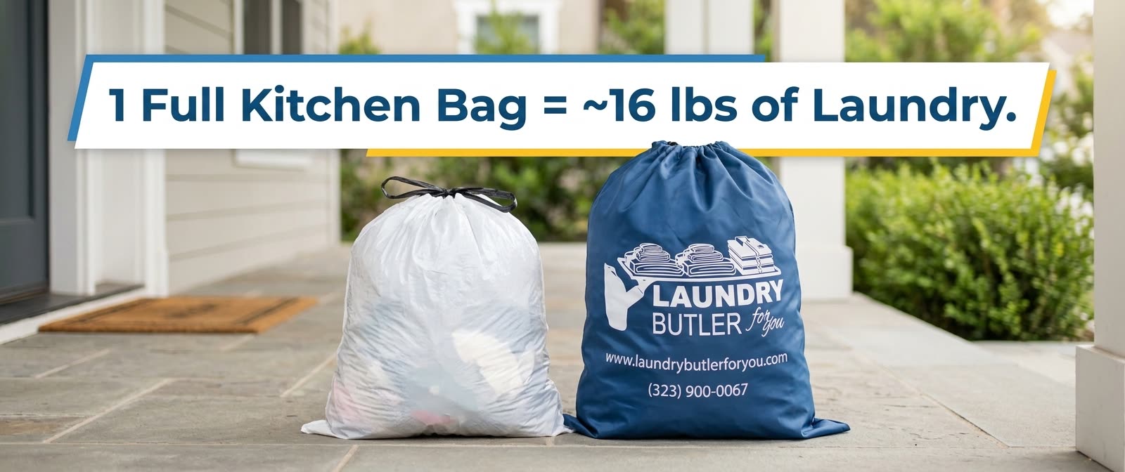 Kitchen bag laundry weight estimation rule showing 13-gallon bag equals 16 pounds for Laundry Butler pickup in San Fernando Valley